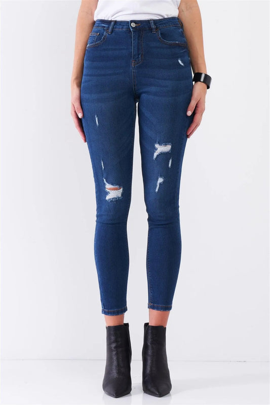 Medium Blue Denim High-Waisted Ripped Vintage Skinny Jeans /1-2-1-2-2-2-1 - Tasha Apparel Wholesale