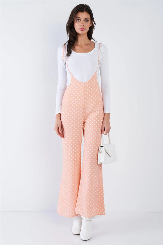 Blush Pink & White Polkadot Self Tie Spaghetti Strap Wide Leg Jumpsuit /1-1-2-1 - Tasha Apparel Wholesale