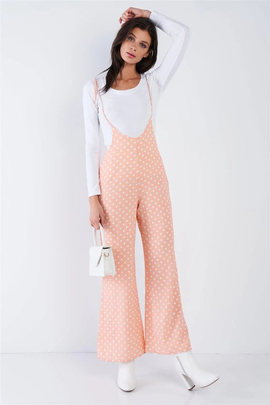 Blush Pink & White Polkadot Self Tie Spaghetti Strap Wide Leg Jumpsuit /3-2-1 - Tasha Apparel Wholesale
