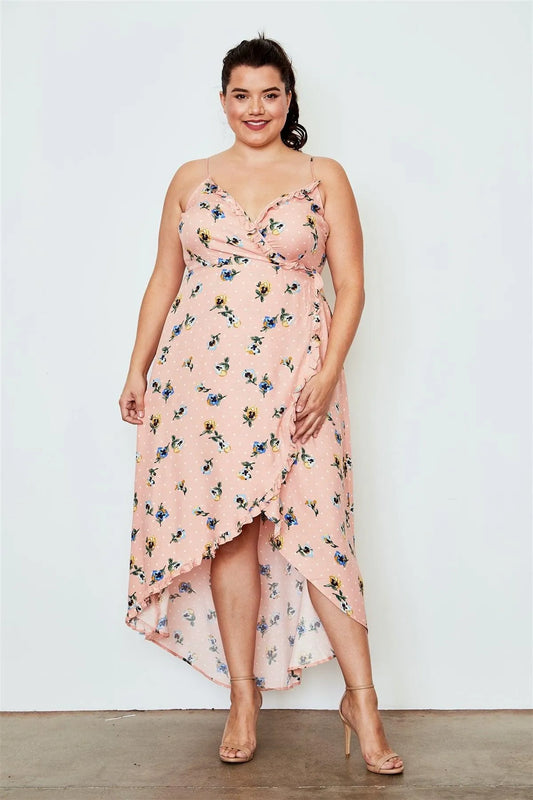 Junior Plus Size Peach Flower Print Hi-Low Wrap Midi Dress / 1-1-3-2 - Tasha Apparel Wholesale