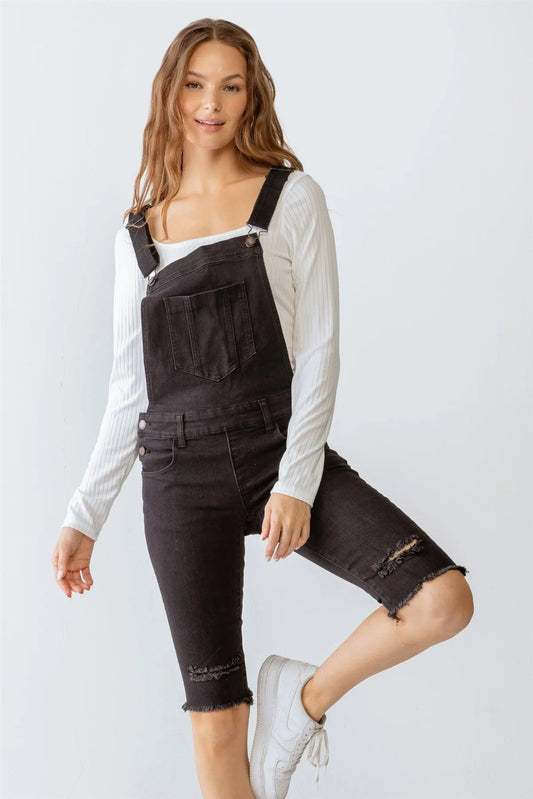 Black Denim Distressed Detail Raw Hem Cropped Bermuda Overall /3-2 - Tasha Apparel Wholesale