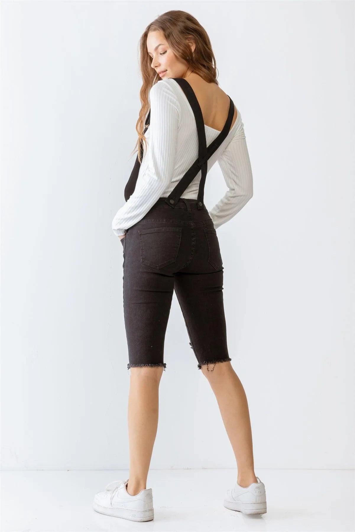 Black Denim Distressed Detail Raw Hem Cropped Bermuda Overall /3-2 - Tasha Apparel Wholesale