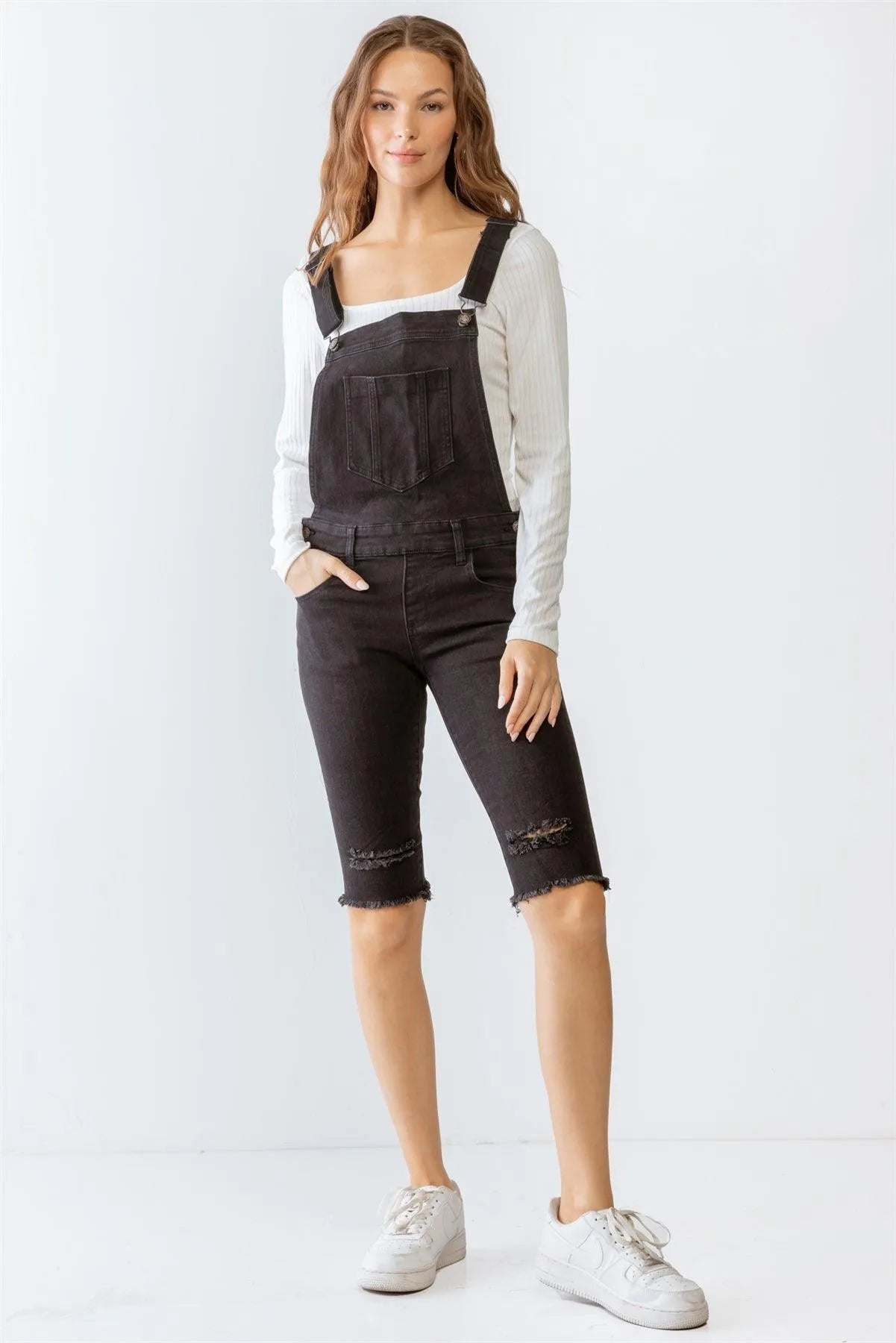Black Denim Distressed Detail Raw Hem Cropped Bermuda Overall /3-2 - Tasha Apparel Wholesale
