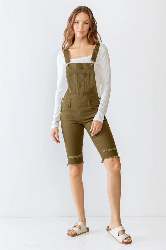Olive Denim Distressed Detail Raw Hem Cropped Bermuda Overall /4-2-1 - Tasha Apparel Wholesale