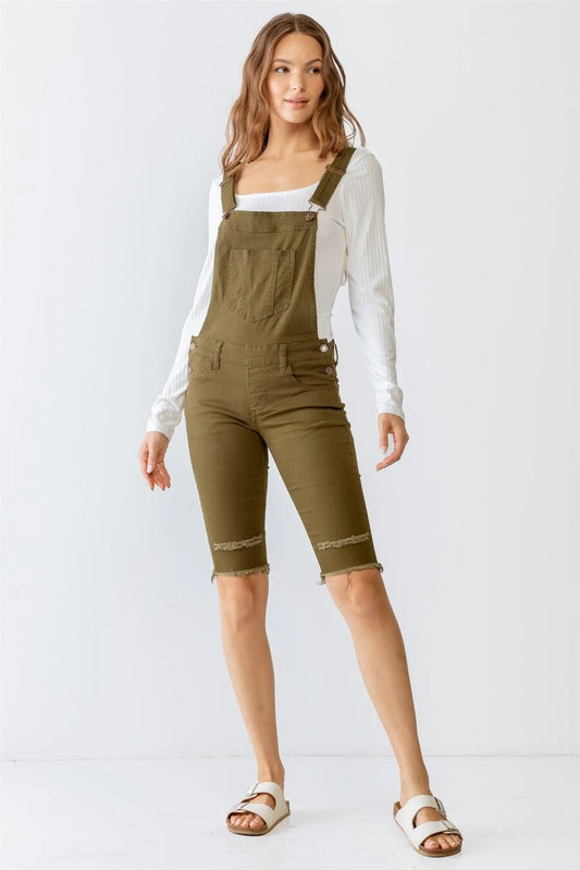 Olive Denim Distressed Detail Raw Hem Cropped Bermuda Overall /3-3-1 - Tasha Apparel Wholesale