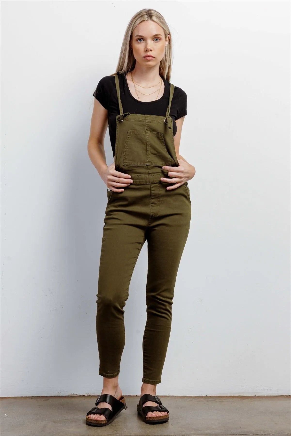 Olive Denim Cotton Silver Hardware Sleeveless Overall /3-2-1 - Tasha Apparel Wholesale
