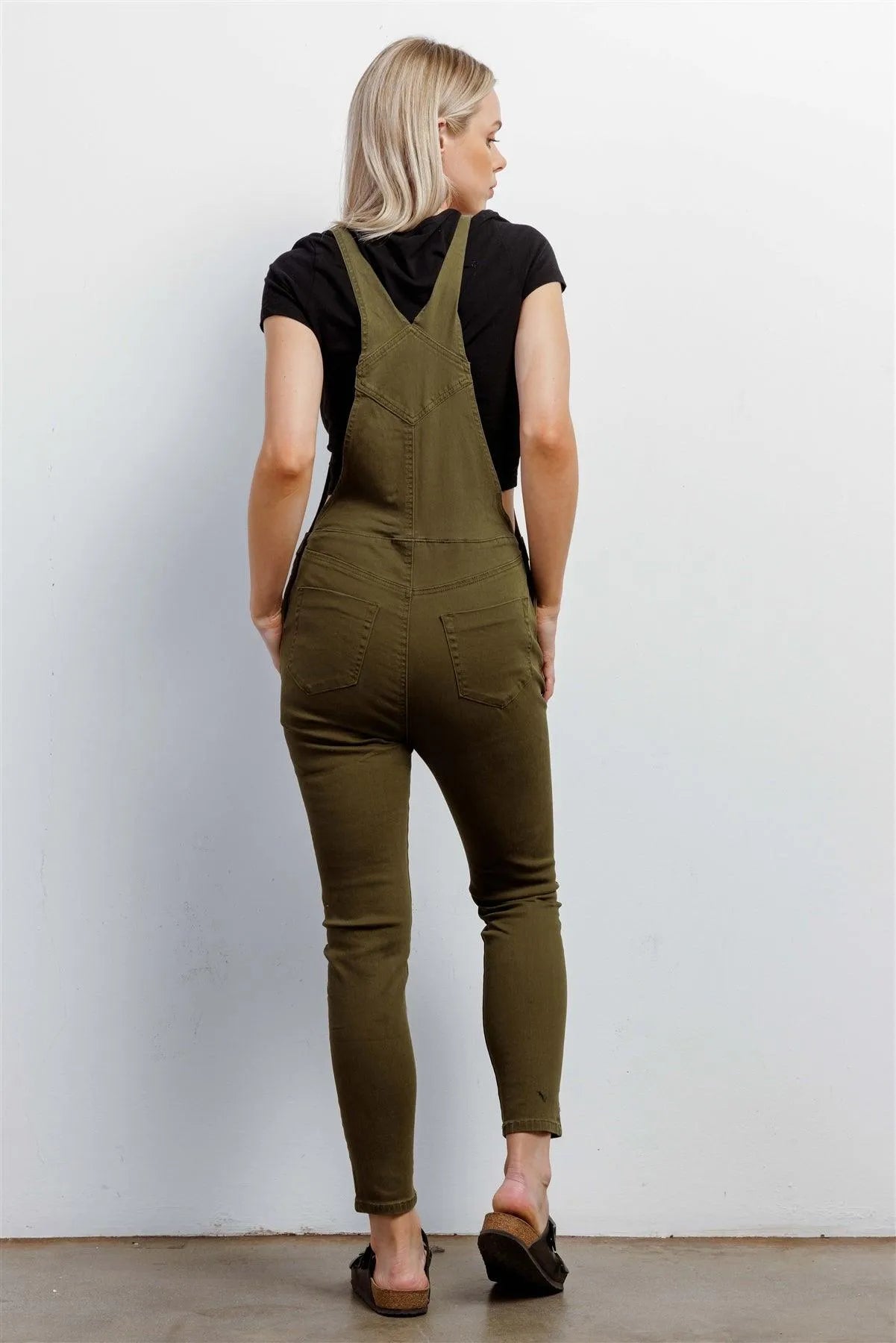 Olive Denim Cotton Silver Hardware Sleeveless Overall /3-2-1 - Tasha Apparel Wholesale