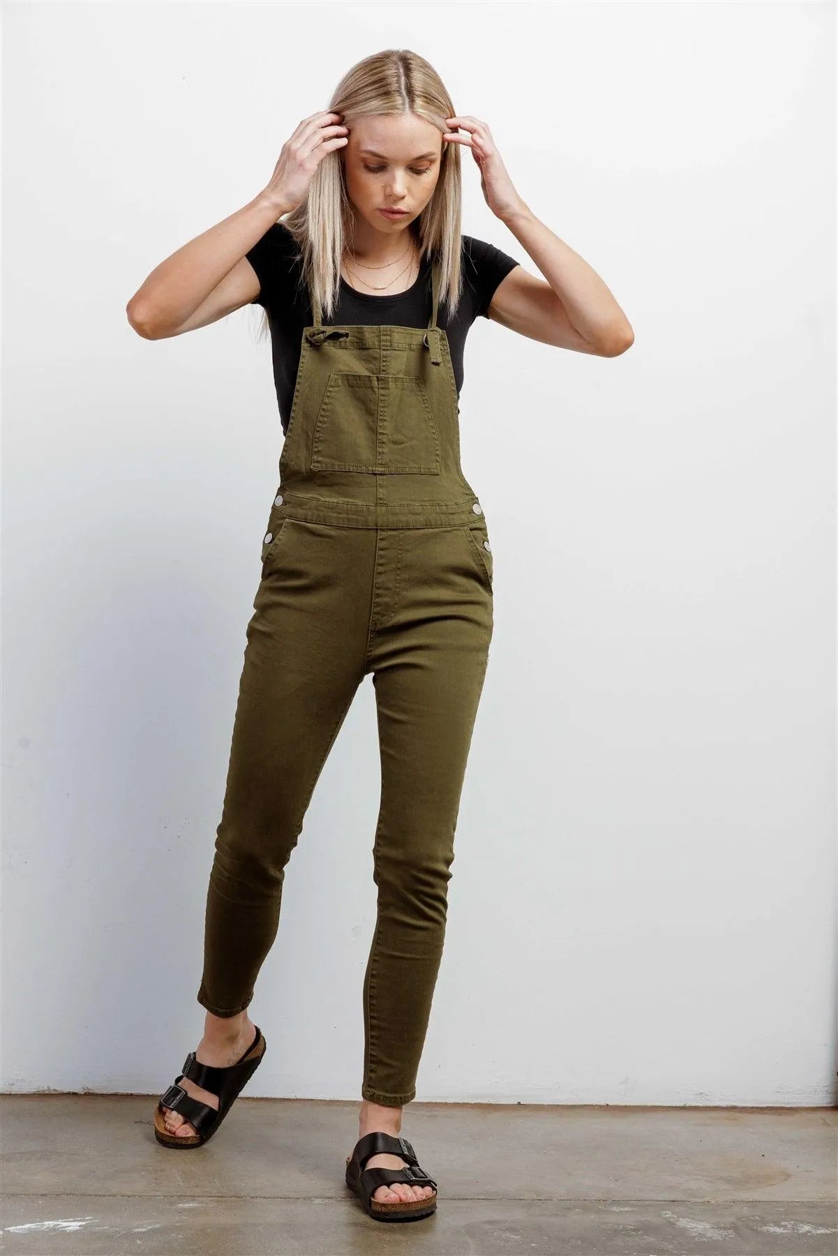 Olive Denim Cotton Silver Hardware Sleeveless Overall /3-2-1 - Tasha Apparel Wholesale