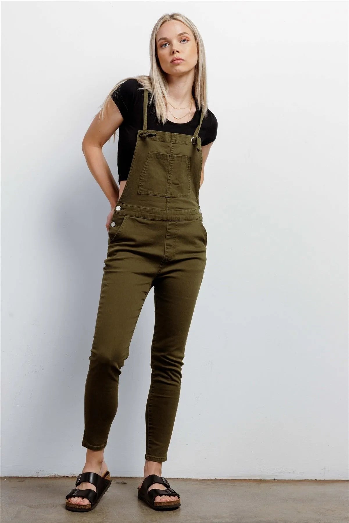 Olive Denim Cotton Silver Hardware Sleeveless Overall /3-2-1 - Tasha Apparel Wholesale