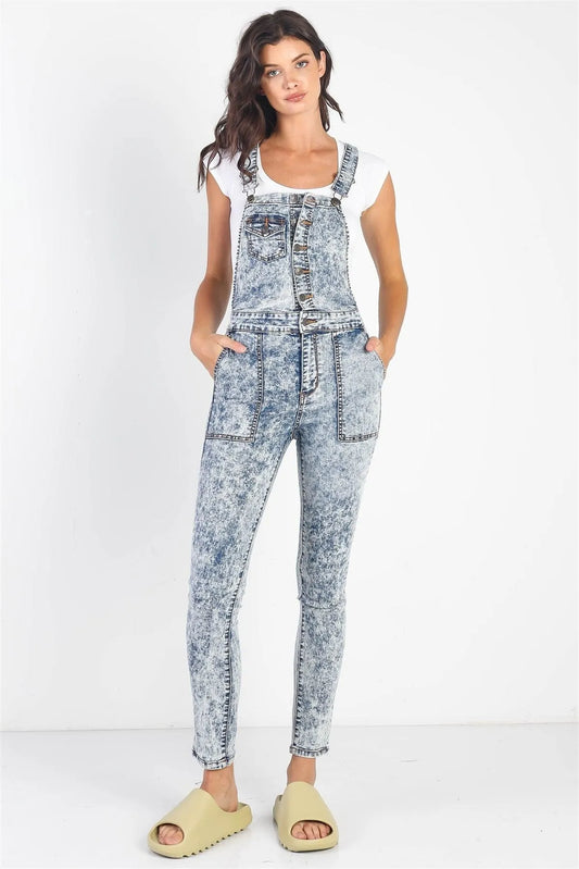 Dark Denim Acid Wash Button Up Skinny Leg Overall /3-2-1 - Tasha Apparel Wholesale