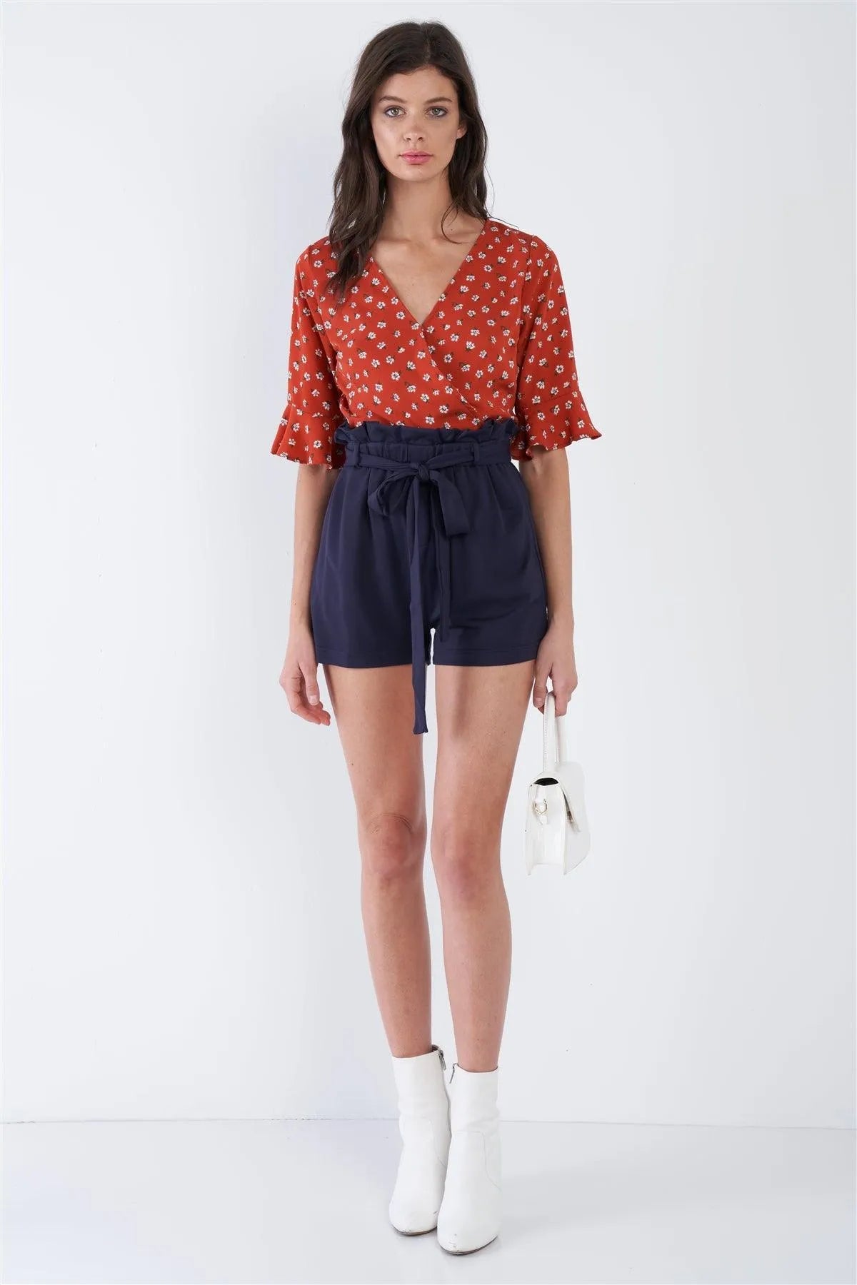 Navy High Waist Frill Trim Casual Office Chic Shorts /3-2-1 - Tasha Apparel Wholesale