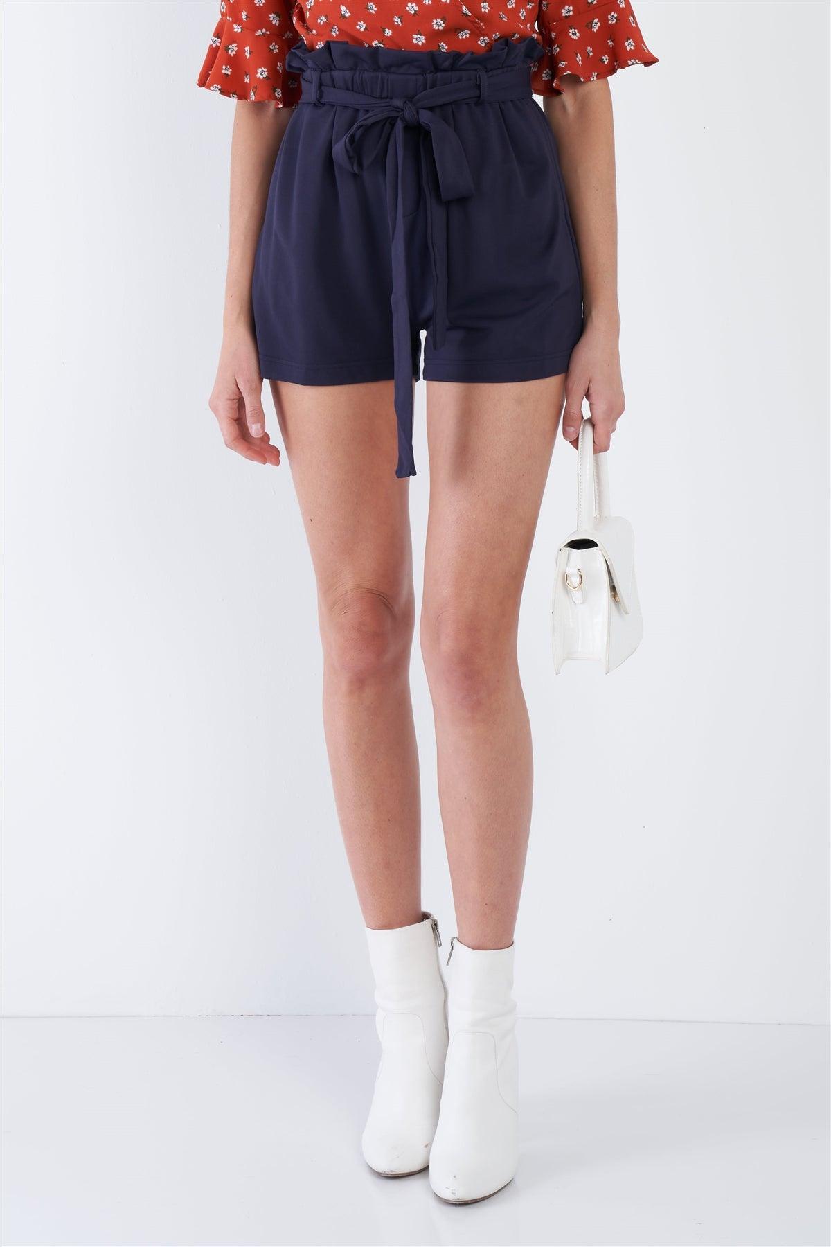 Navy High Waist Frill Trim Casual Office Chic Shorts /3-2-1