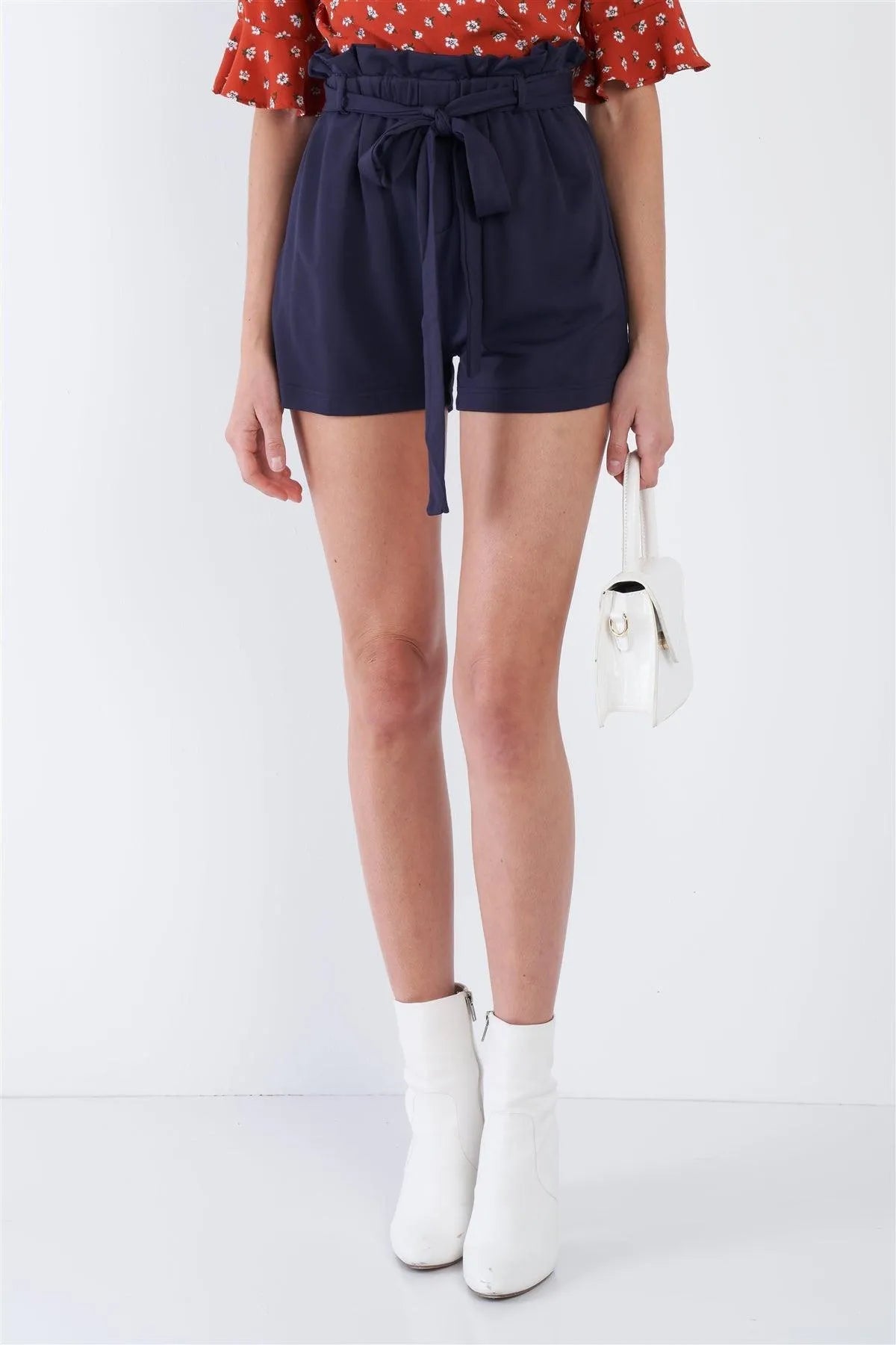 Navy High Waist Frill Trim Casual Office Chic Shorts /3-2-1 - Tasha Apparel Wholesale