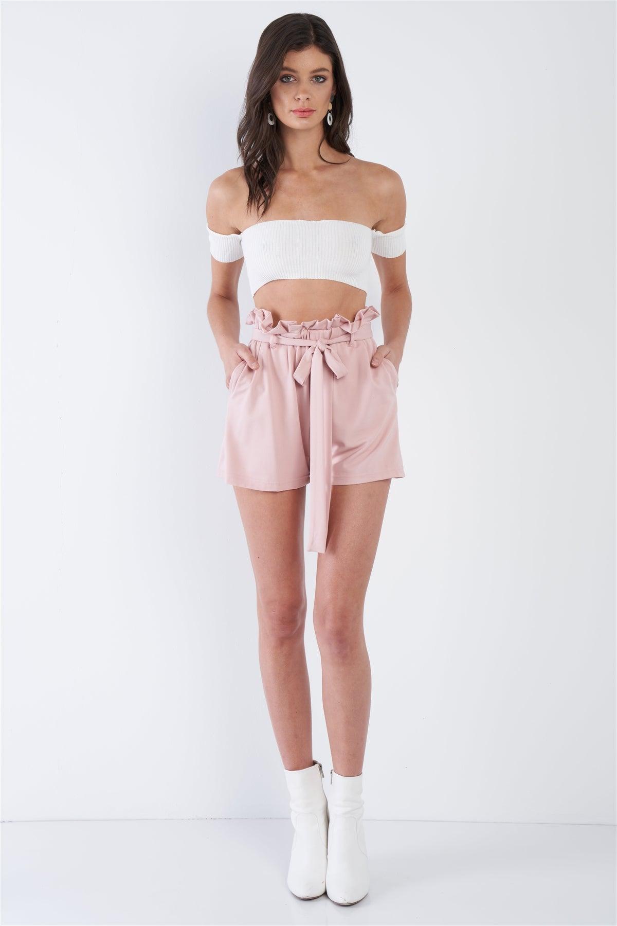 Pink High Waist Frill Trim Casual Office Chic Shorts  /4-2-1
