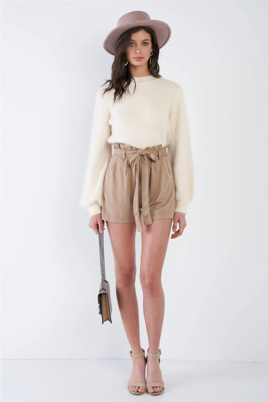 Taupe High Waist Frill Trim Casual Office Chic Shorts /3-2-1 - Tasha Apparel Wholesale