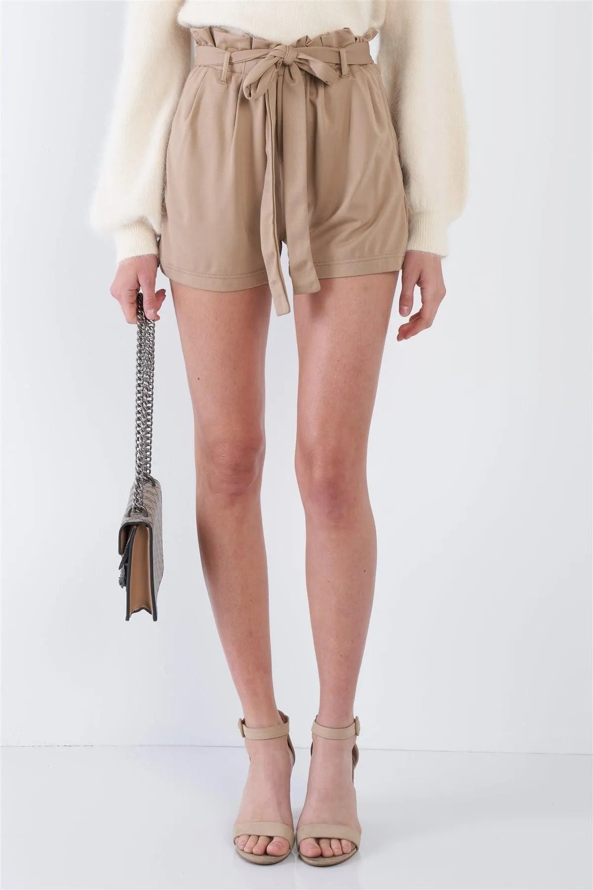 Taupe High Waist Frill Trim Casual Office Chic Shorts /4-2 - Tasha Apparel Wholesale