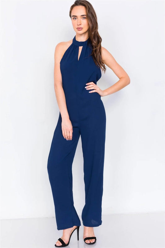 Navy Open Back Mock-Neck Evening Jumpsuit - Tasha Apparel Wholesale