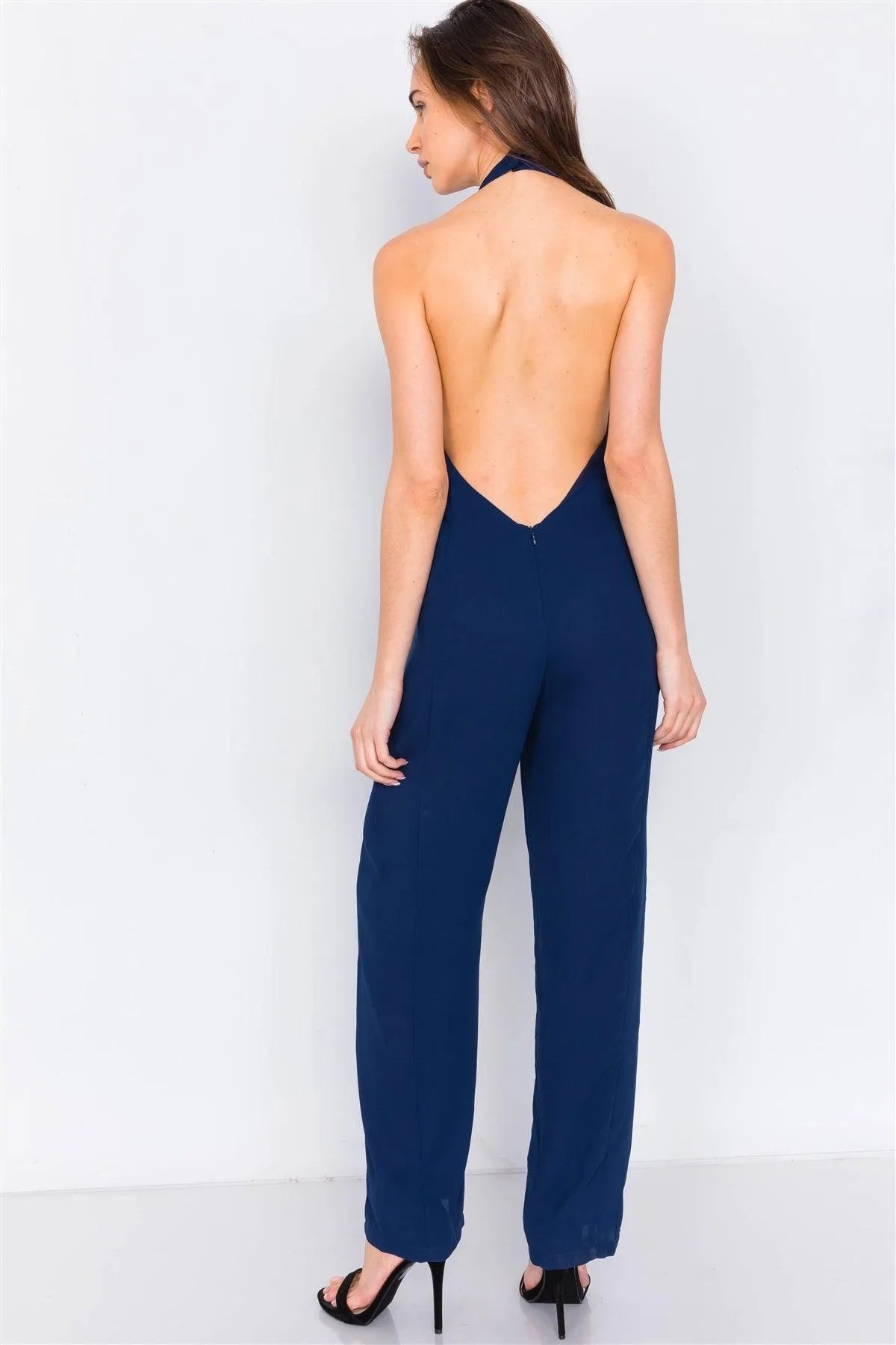 Navy Open Back Mock-Neck Evening Jumpsuit - Tasha Apparel Wholesale