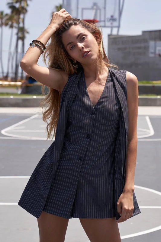 Grey Stripe Button Down Sleeveless Elegant Romper - Tasha Apparel Wholesale