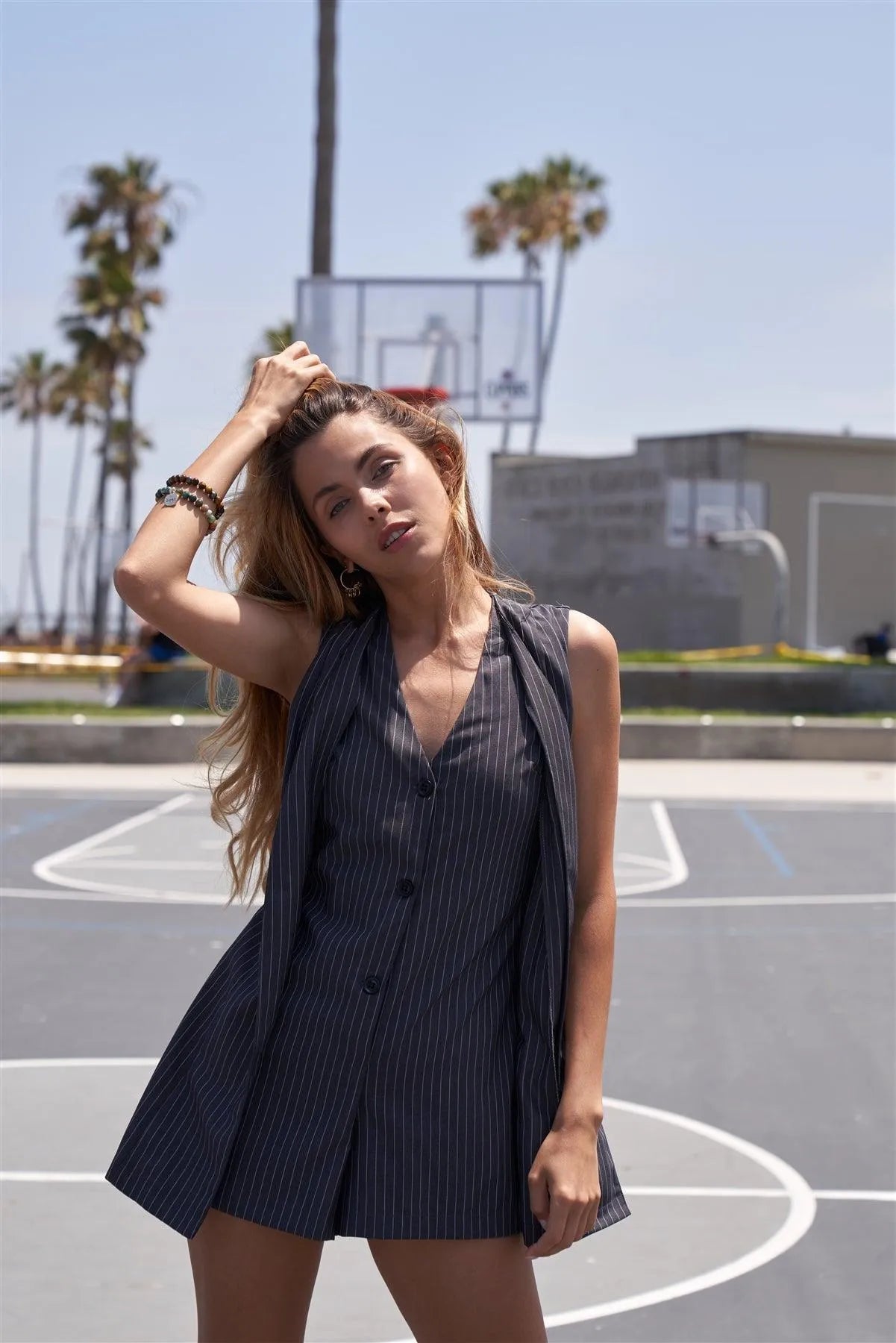 Grey Stripe Button Down Sleeveless Romper /4-1-1 - Tasha Apparel Wholesale