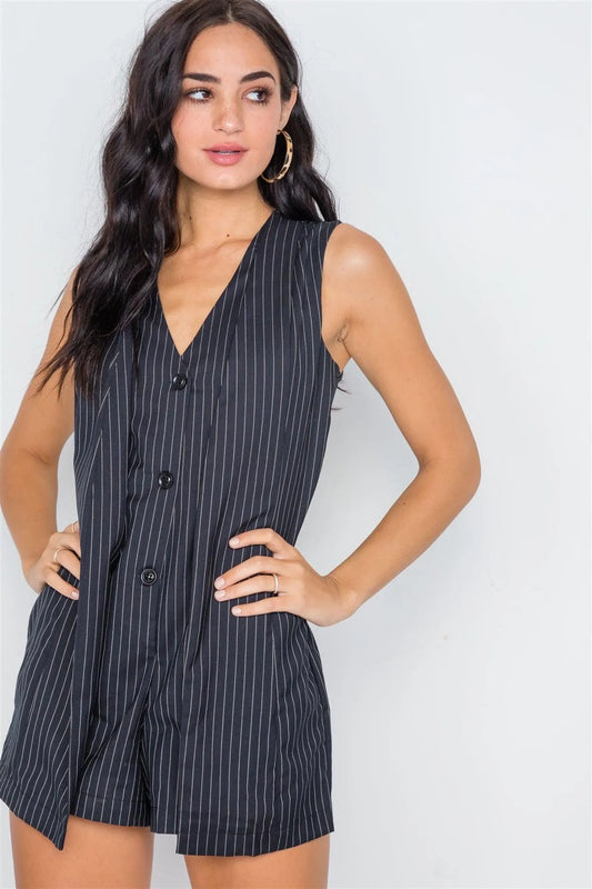 Navy Stripe Button Down Sleeveless Elegant Romper - Tasha Apparel Wholesale