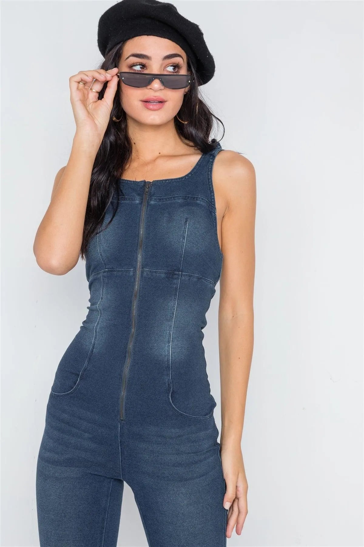 Dark Denim Stretch Zip Up Skinny Leg Jumpsuit /4-2-1 - Tasha Apparel Wholesale