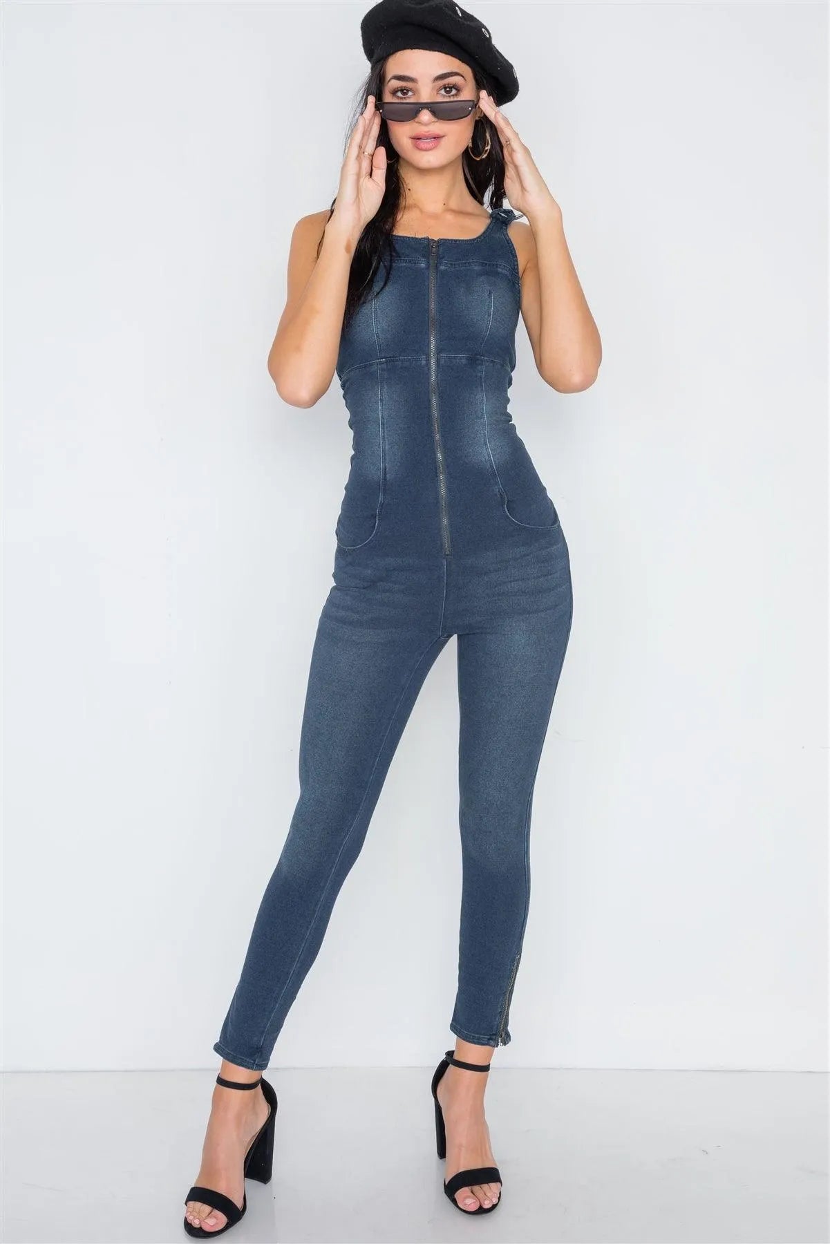Dark Denim Stretch Zip Up Skinny Leg Jumpsuit /4-2-1 - Tasha Apparel Wholesale