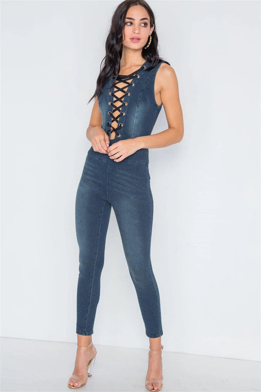 Dark Denim Stretch Lace Up Bodycon Jumpsuit - Tasha Apparel Wholesale