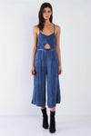 Navy Mock Denim Blue Acid Wash Wide Leg Gaucho Jumpsuit /1-2-2 - Tasha Apparel Wholesale