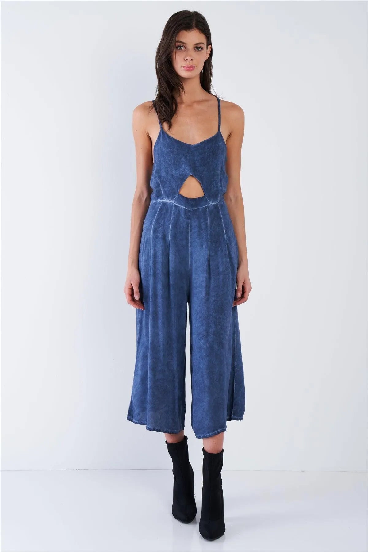 Navy Mock Denim Blue Acid Wash Wide Leg Gaucho Jumpsuit /1-2-2 - Tasha Apparel Wholesale