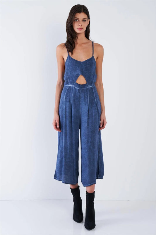 Navy Mock Denim Blue Acid Wash Wide Leg Gaucho Jumpsuit /1-2-2 - Tasha Apparel Wholesale