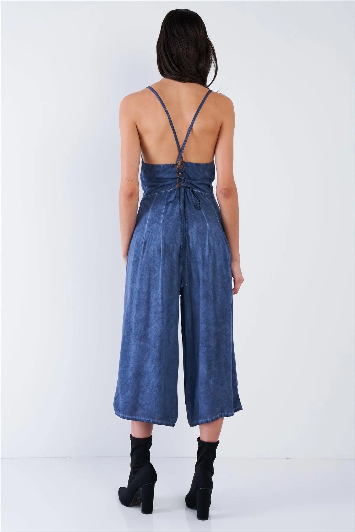 Navy Mock Denim Blue Acid Wash Wide Leg Gaucho Jumpsuit /1-2-2 - Tasha Apparel Wholesale