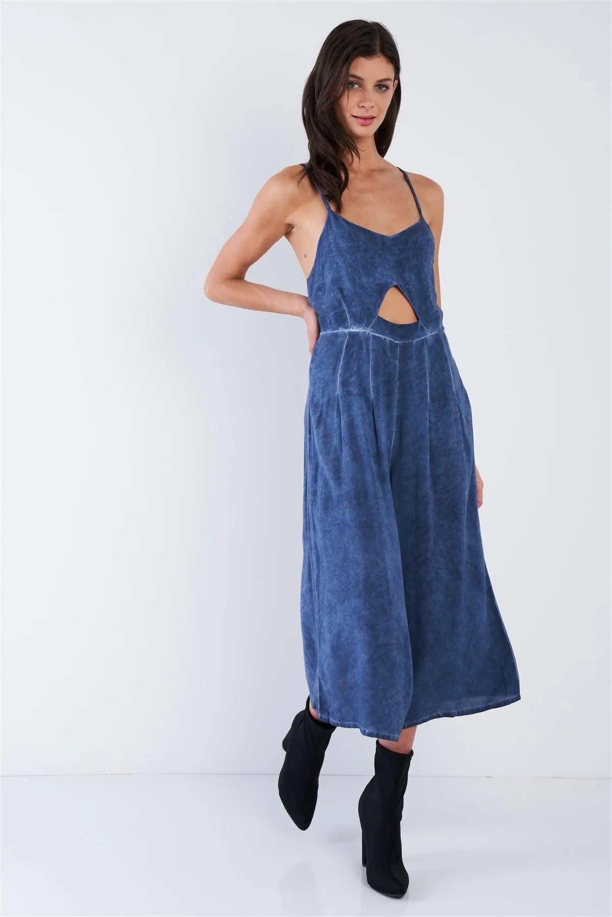 Navy Mock Denim Blue Acid Wash Wide Leg Gaucho Jumpsuit /1-2-2 - Tasha Apparel Wholesale