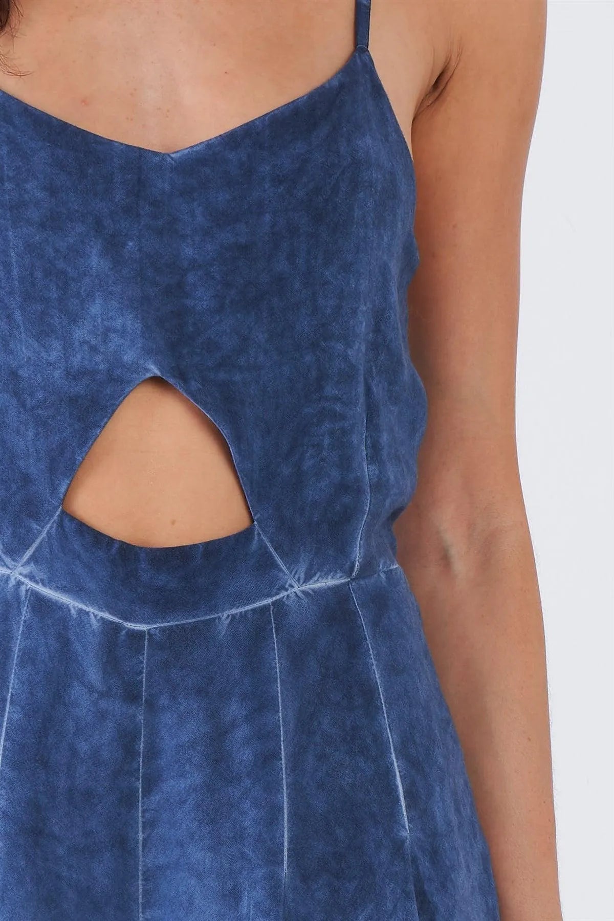 Navy Mock Denim Blue Acid Wash Wide Leg Gaucho Jumpsuit /1-2-2 - Tasha Apparel Wholesale