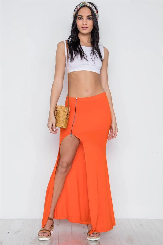 Orange Solid Zip-Front Side-Slit Maxi Skirt - Tasha Apparel Wholesale