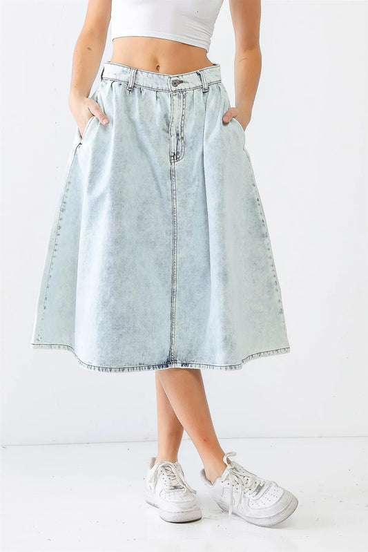 Acid Wash Denim Cotton Two Pocket Flare Hem Midi Skirt /3-2-1 - Tasha Apparel Wholesale