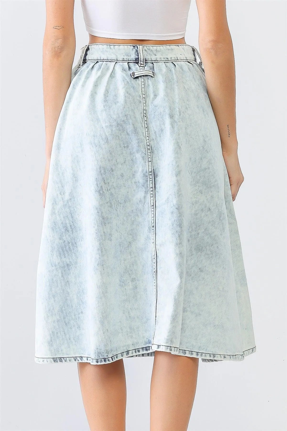 Acid Wash Denim Cotton Two Pocket Flare Hem Midi Skirt /3-2-1 - Tasha Apparel Wholesale
