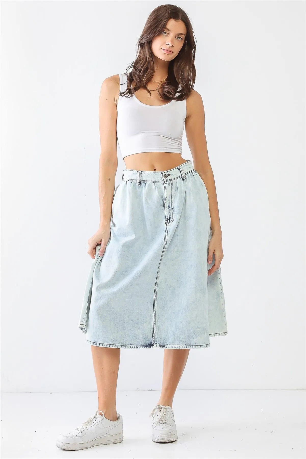 Acid Wash Denim Cotton Two Pocket Flare Hem Midi Skirt /3-2-1 - Tasha Apparel Wholesale