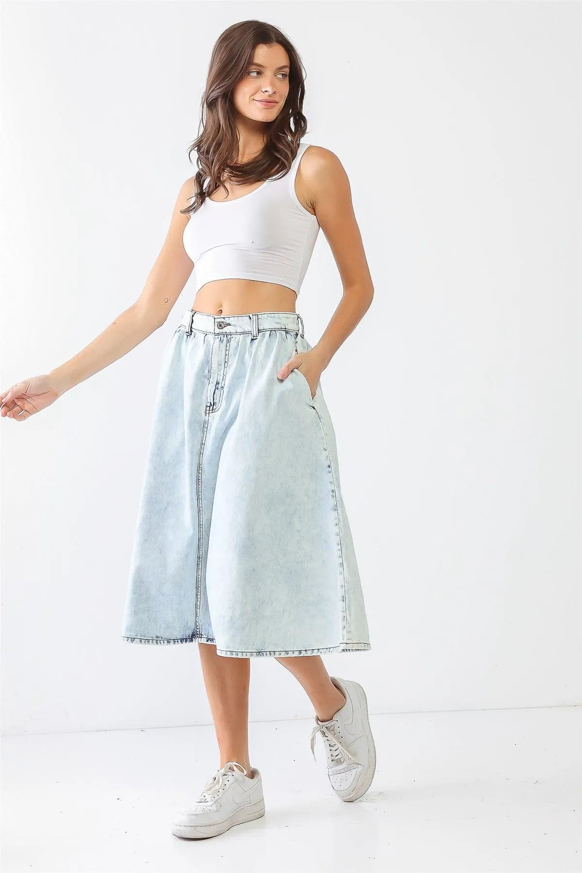 Acid Wash Denim Cotton Two Pocket Flare Hem Midi Skirt /3-2-1 - Tasha Apparel Wholesale