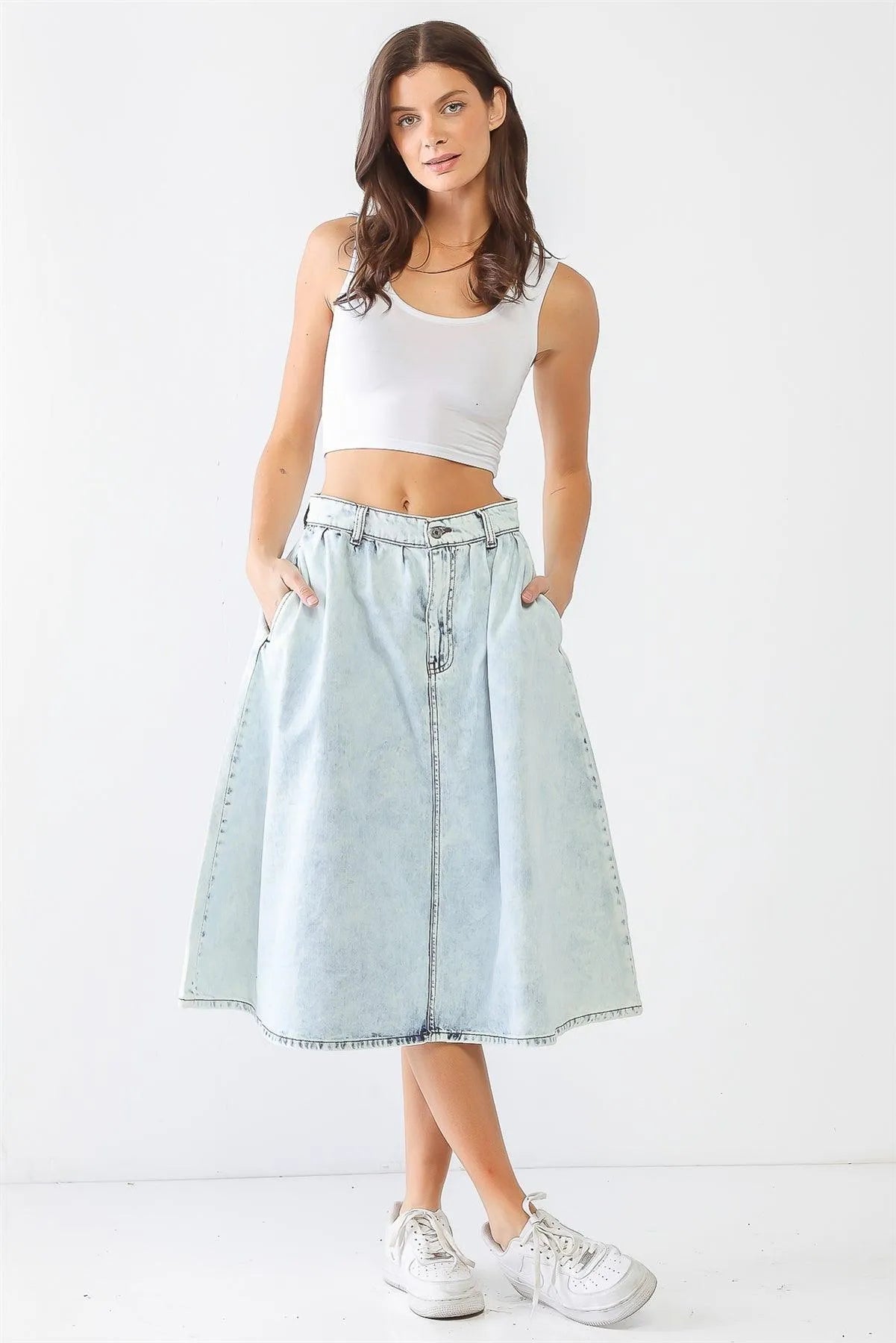 Acid Wash Denim Cotton Two Pocket Flare Hem Midi Skirt /3-2-1 - Tasha Apparel Wholesale