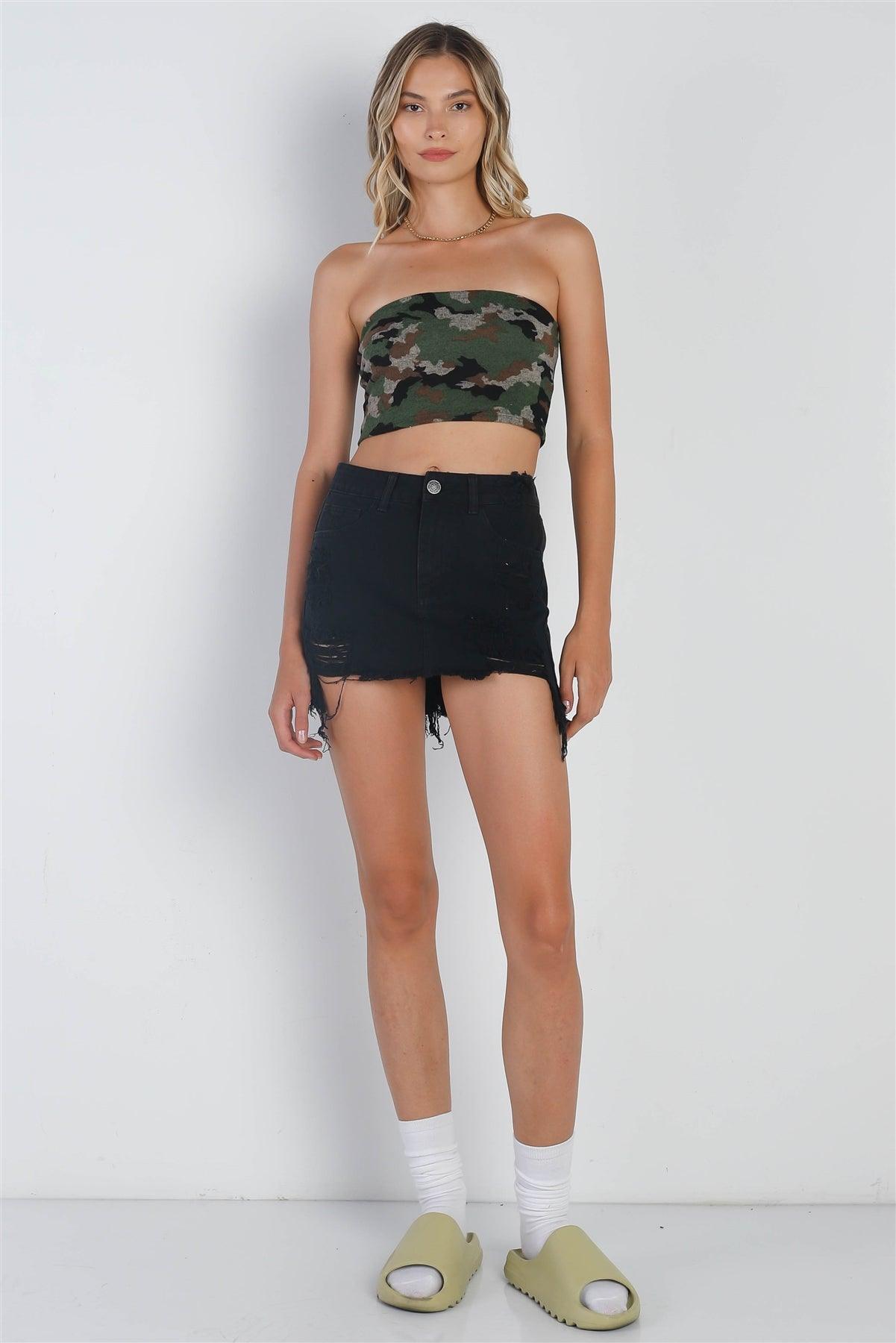Black Denim High Waist Distressed Raw Hem Detail Mini Skirt /3-3