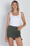 Olive Denim High Waist Distressed Raw Hem Detail Mini Skirt /2-2-1 - Tasha Apparel Wholesale