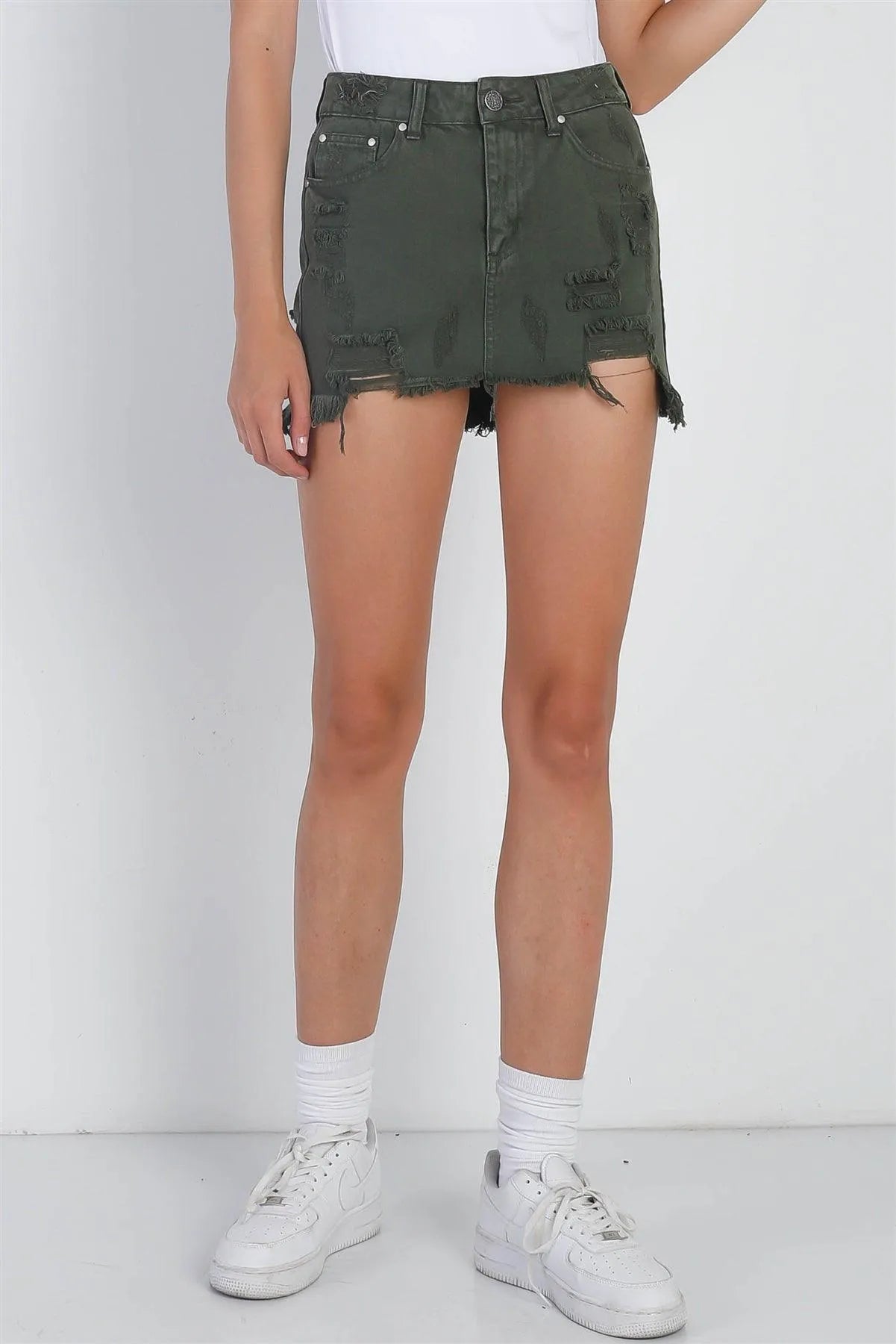 Olive Denim High Waist Distressed Raw Hem Detail Mini Skirt /2-2-1 - Tasha Apparel Wholesale
