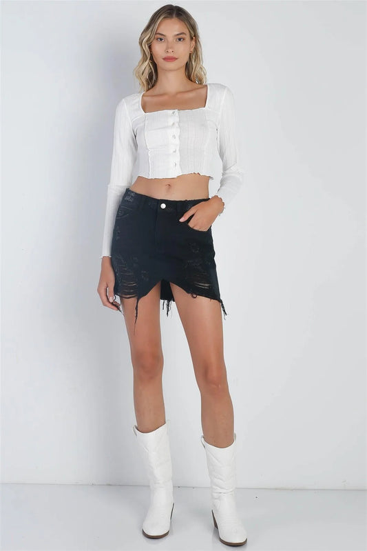 Black Denim High Waist Distressed Raw Hem Detail Mini Skirt /3-2-1 - Tasha Apparel Wholesale