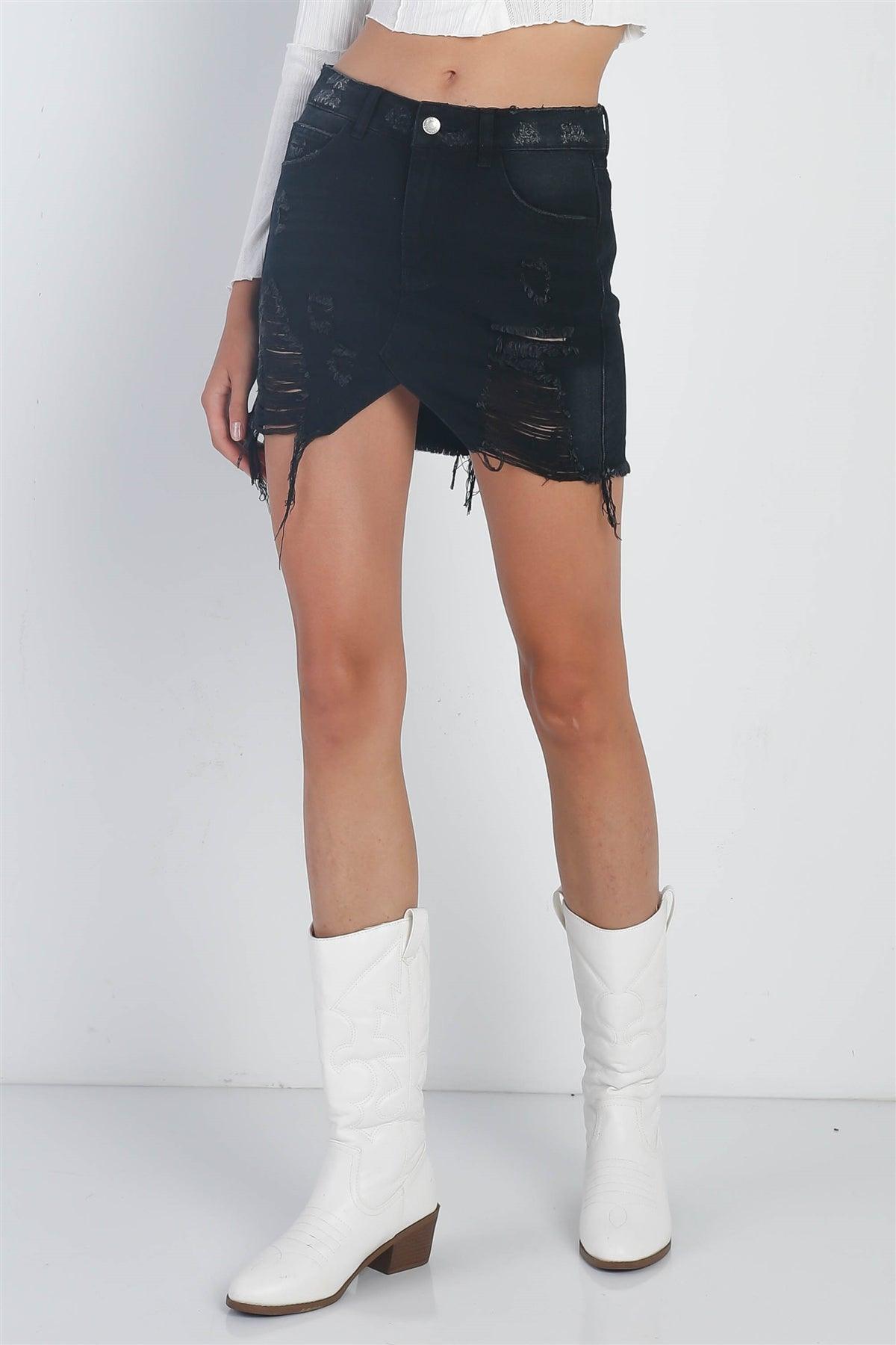 Black Denim High Waist Distressed Raw Hem Detail Mini Skirt /3-2-1