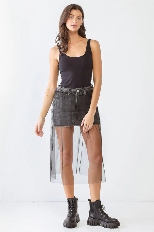 Black Denim Mesh Five Pocket Trim Hem Mini Skirt - Tasha Apparel Wholesale