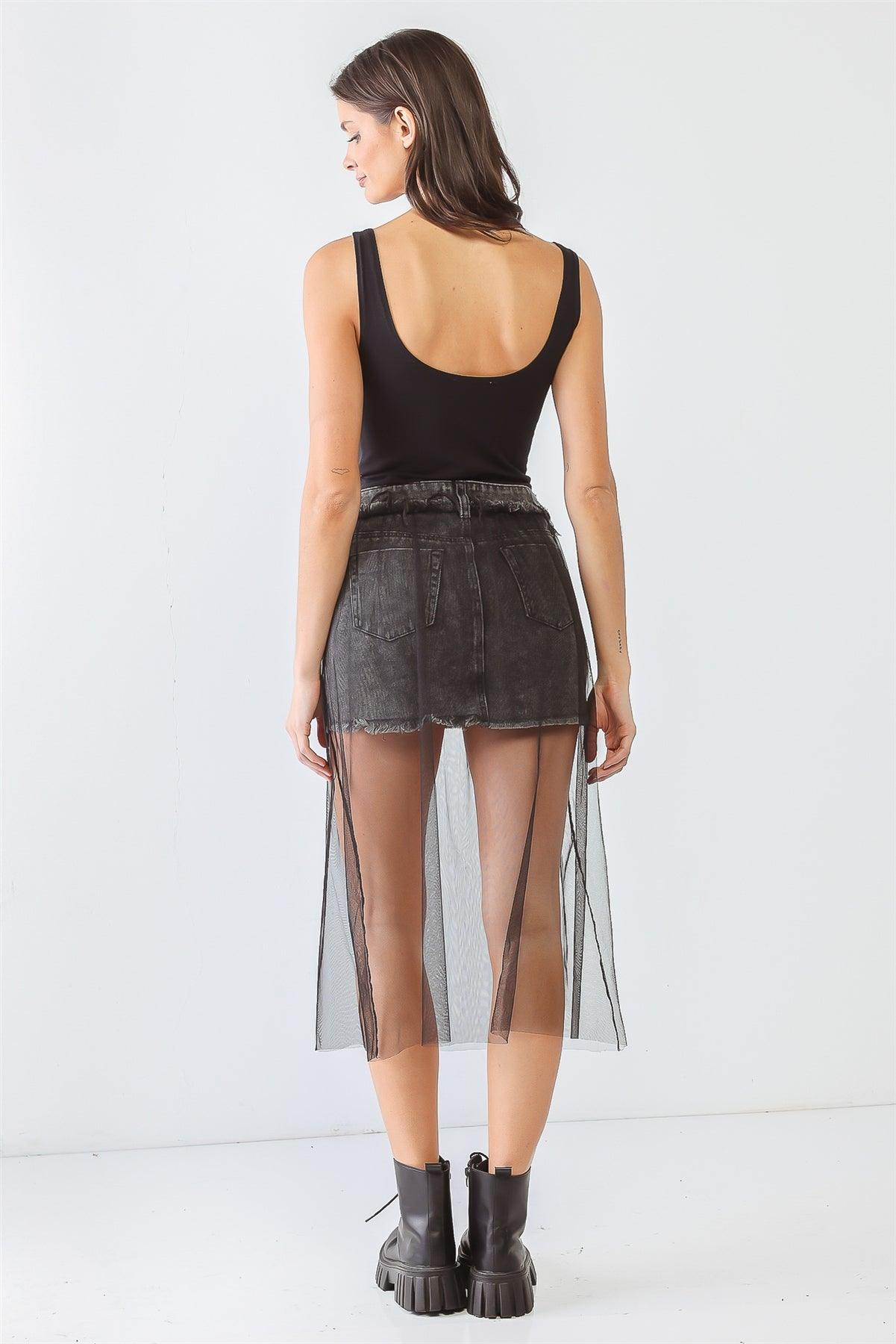 Black Denim Mesh Five Pocket Trim Hem Mini Skirt /3-2-1