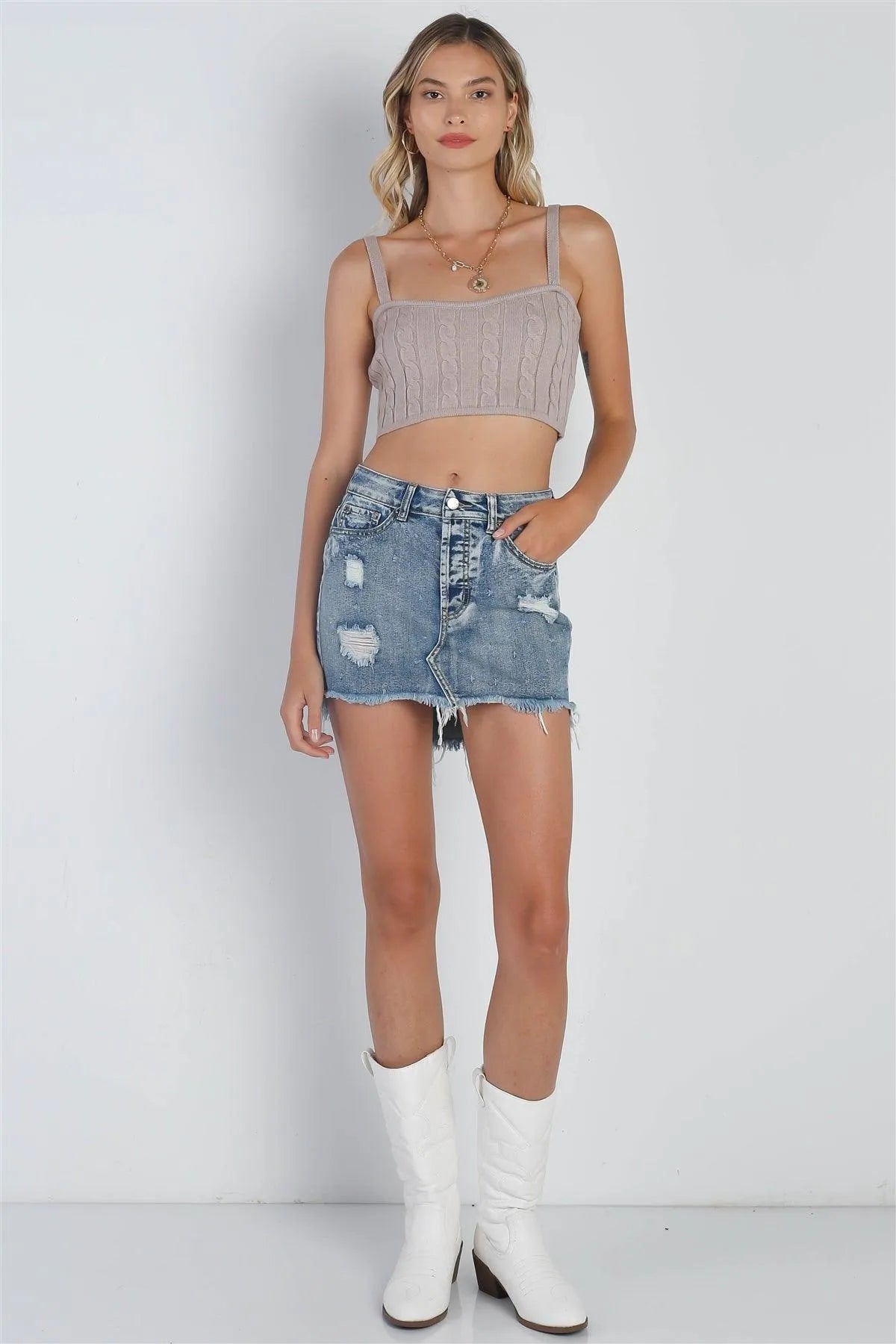 Dark Denim High Waist Distressed Raw Hem Detail Mini Skirt /3-2-1 - Tasha Apparel Wholesale