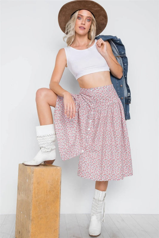 White Multi Red Floral Print High-Waist Midi Skirt /3-2-1 - Tasha Apparel Wholesale