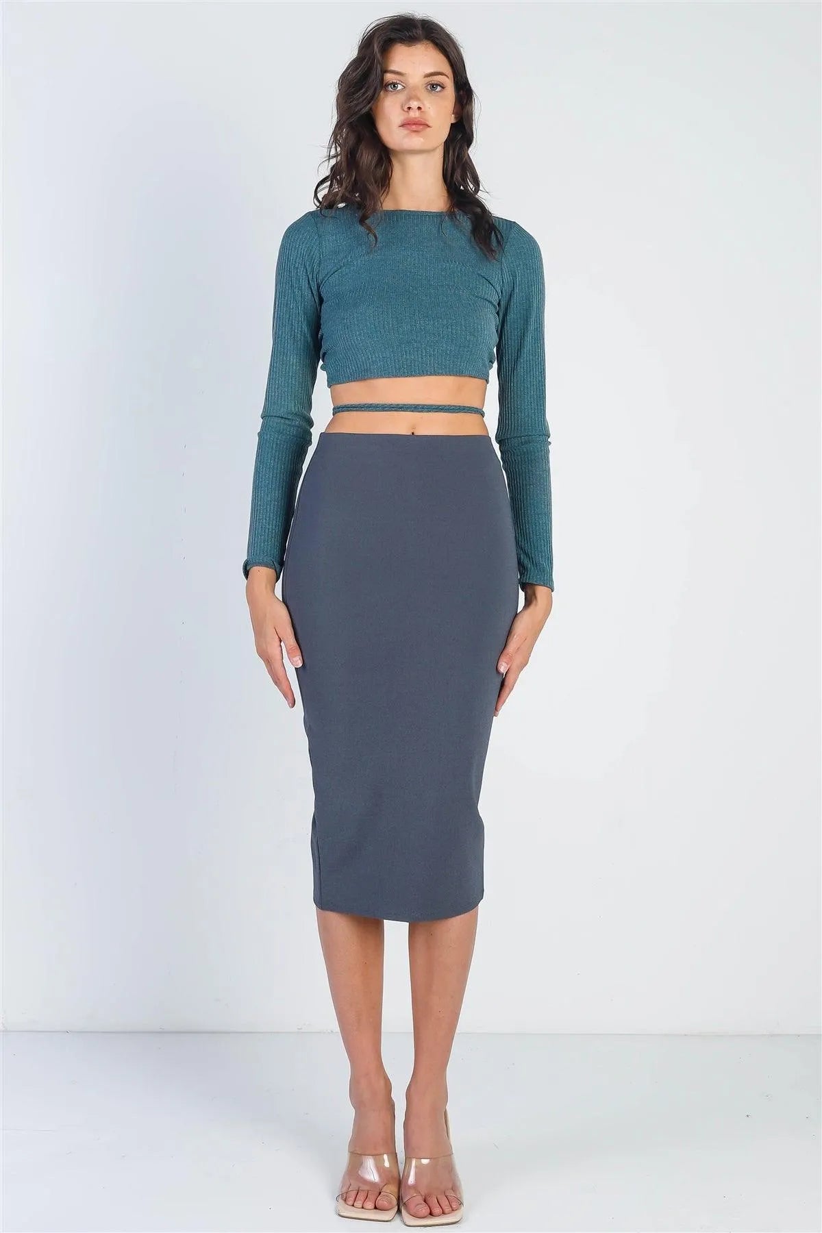 Charcoal Slim Fit Midi Length Skirt /2-2-2 - Tasha Apparel Wholesale